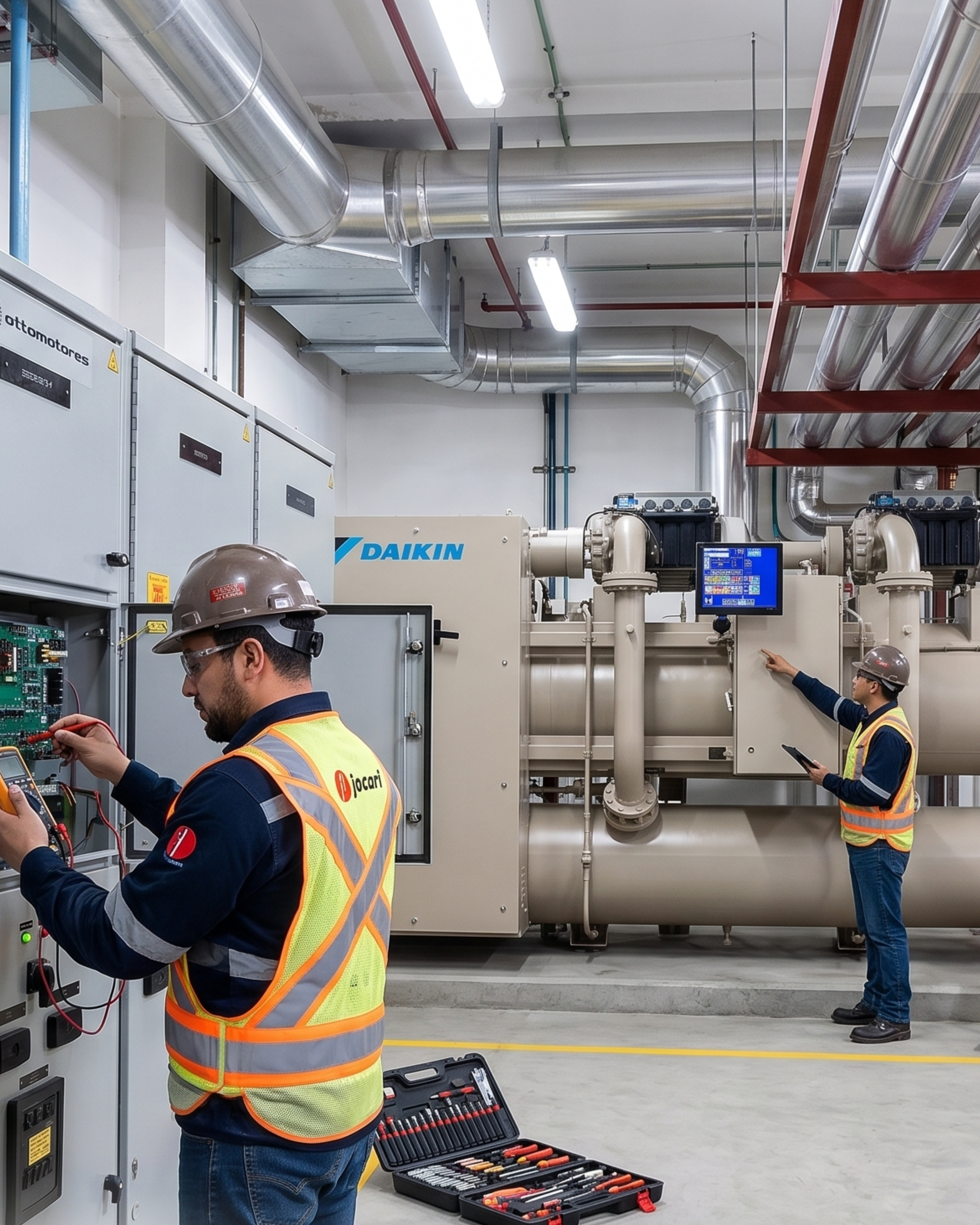 Técnicos JOCARI en mantenimiento de chiller industrial y tablero eléctrico